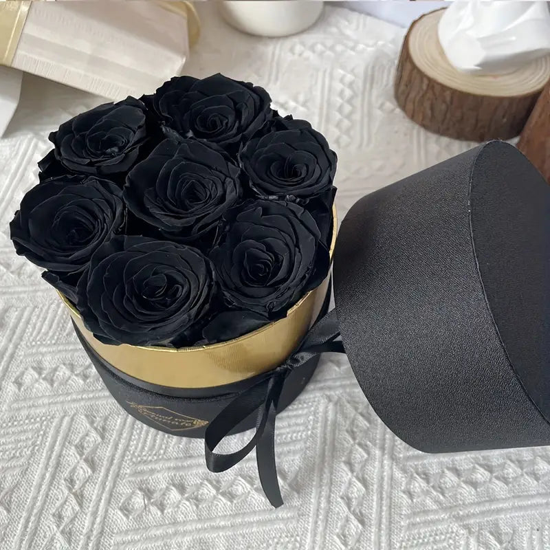 7 natural Eternal flowers in Round box - forever roses