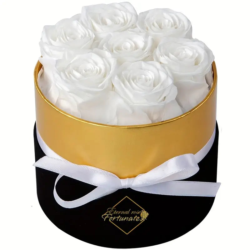 7 natural Eternal flowers in Round box - forever roses