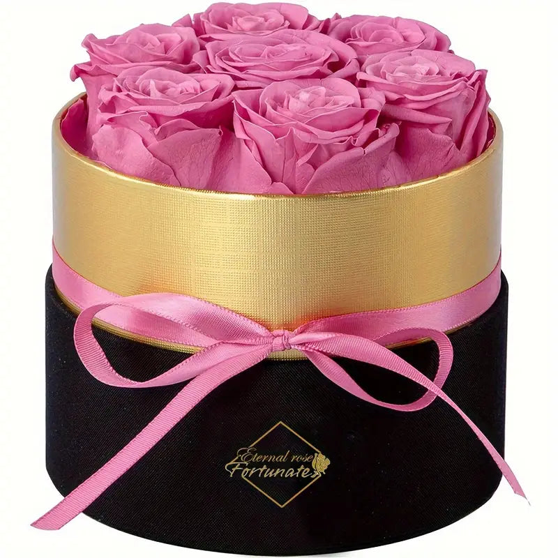 7 natural Eternal flowers in Round box - forever roses