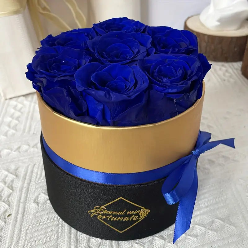 7 natural Eternal flowers in Round box - forever roses