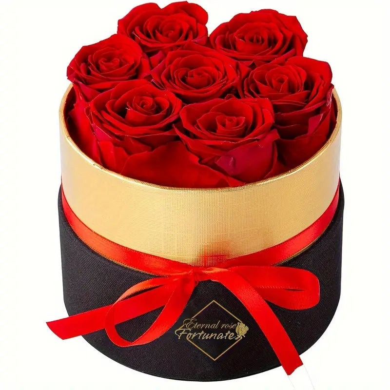 7 natural Eternal flowers in Round box - forever roses