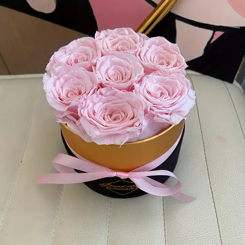 7 natural Eternal flowers in Round box - forever roses